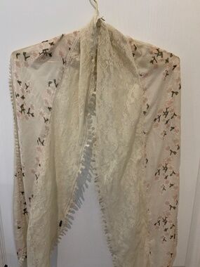 Cream Lace and floral print 70” long scarf